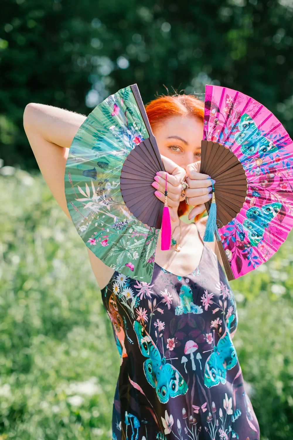 Hot pink 'Fuchsia' silk folding hand fan with butterfly and mushroom painted artwork