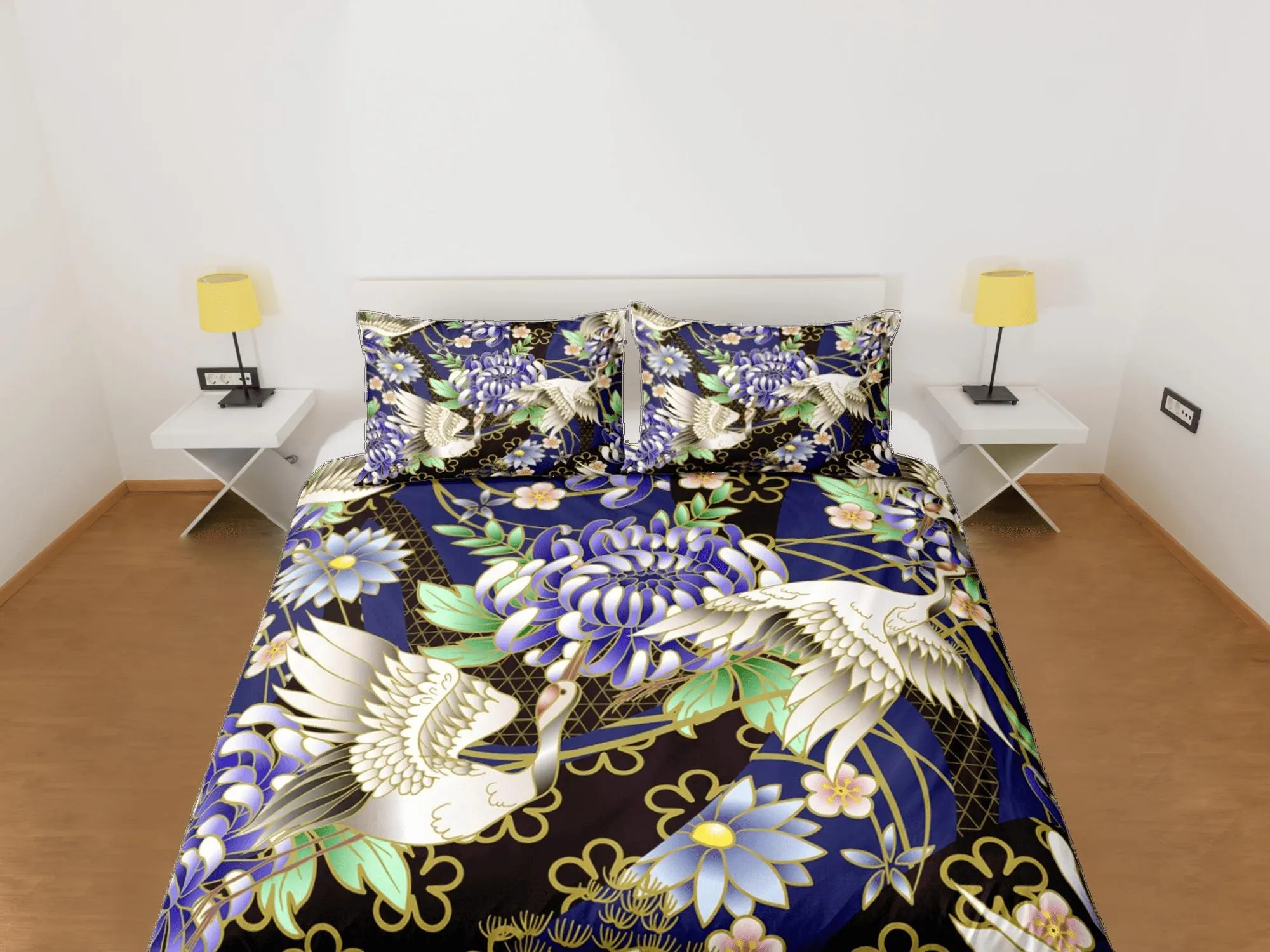 Japanese Crane Bird Floral Duvet Cover Set Colorful Bedspread, Dorm Bedding with Pillowcase, Single