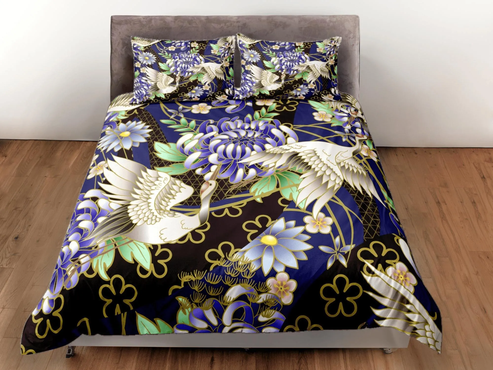 Japanese Crane Bird Floral Duvet Cover Set Colorful Bedspread, Dorm Bedding with Pillowcase, Single