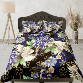 Japanese Crane Bird Floral Duvet Cover Set Colorful Bedspread, Dorm Bedding with Pillowcase, Single