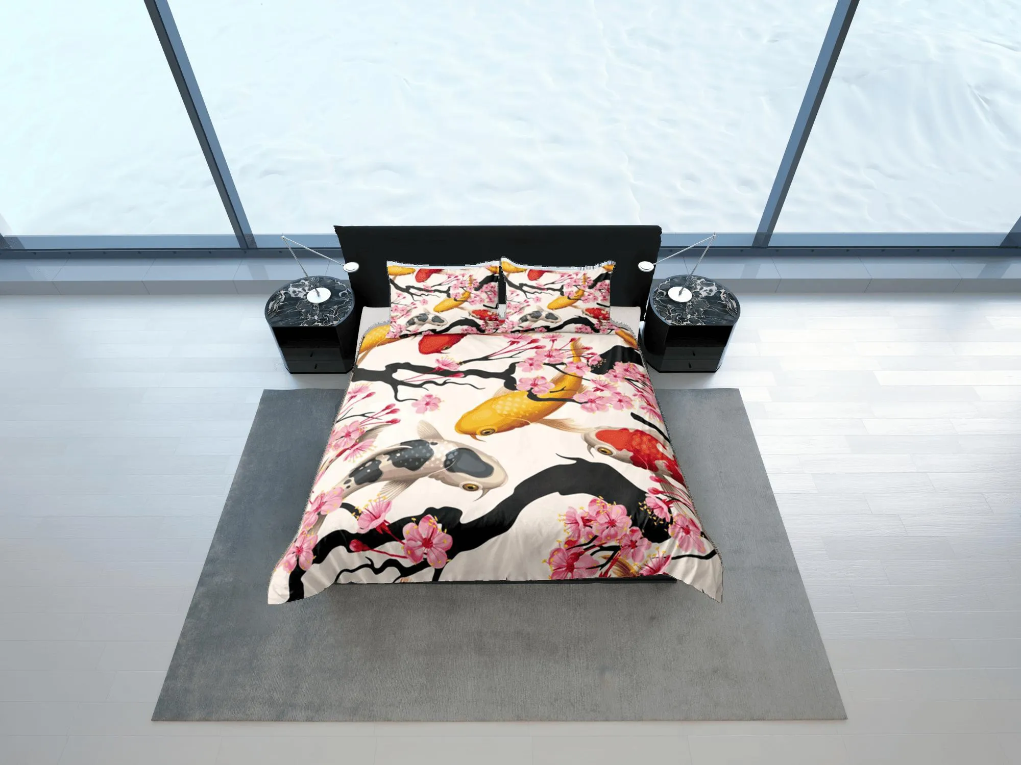 Japanese Koi Fish Duvet Cover Set Colorful Bedspread, Dorm Bedding with Pillowcase