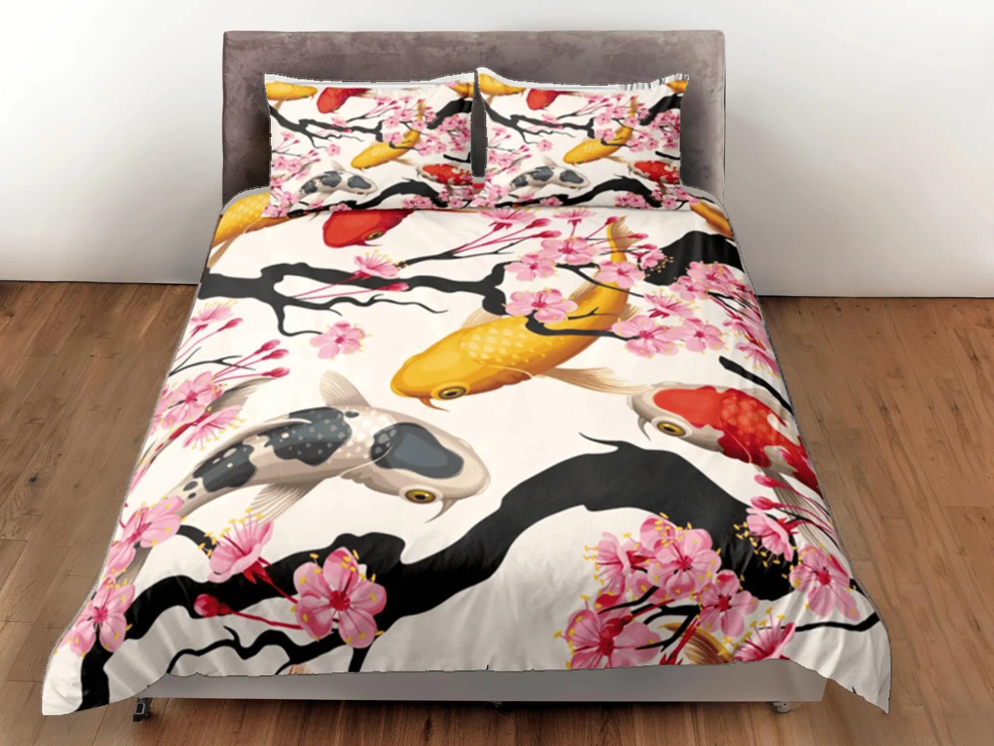 Japanese Koi Fish Duvet Cover Set Colorful Bedspread, Dorm Bedding with Pillowcase