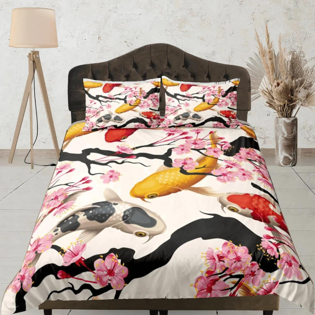 Japanese Koi Fish Duvet Cover Set Colorful Bedspread, Dorm Bedding with Pillowcase