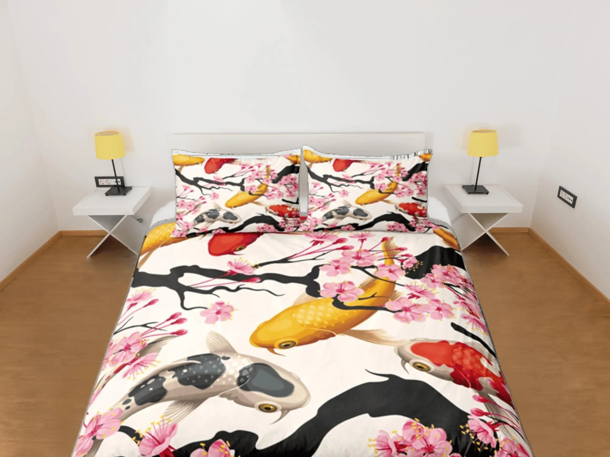 Japanese Koi Fish Duvet Cover Set Colorful Bedspread, Dorm Bedding with Pillowcase