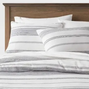 King Cotton Woven Stripe Duvet Cover & Sham Set White/Navy - Threshold