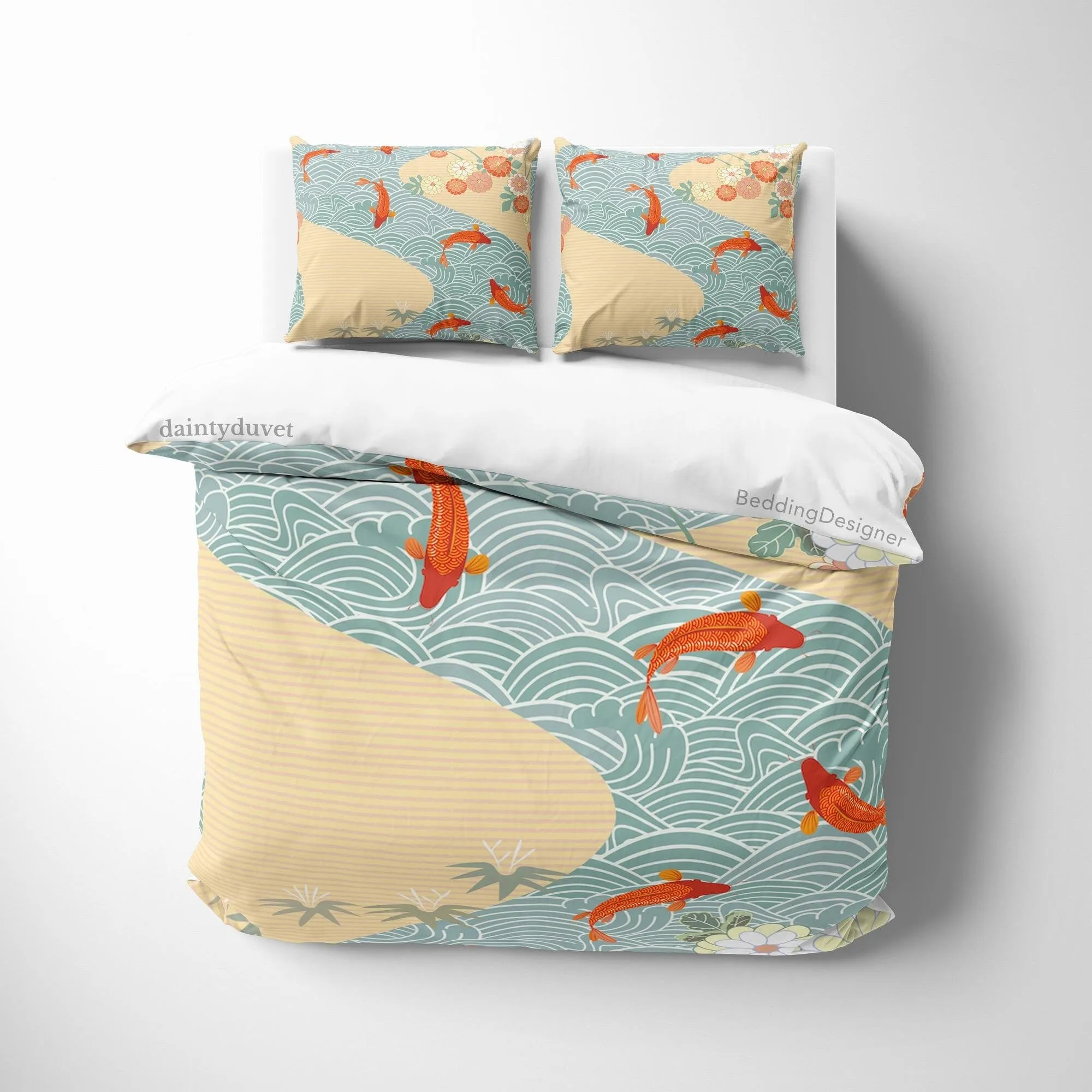 Koi Fish Duvet Cover Japanese Bedding Set, Oriental Pattern Quilt Cover Ocean Blanket Cover, Kids Bedroom Bed Cover Teens Room Decor