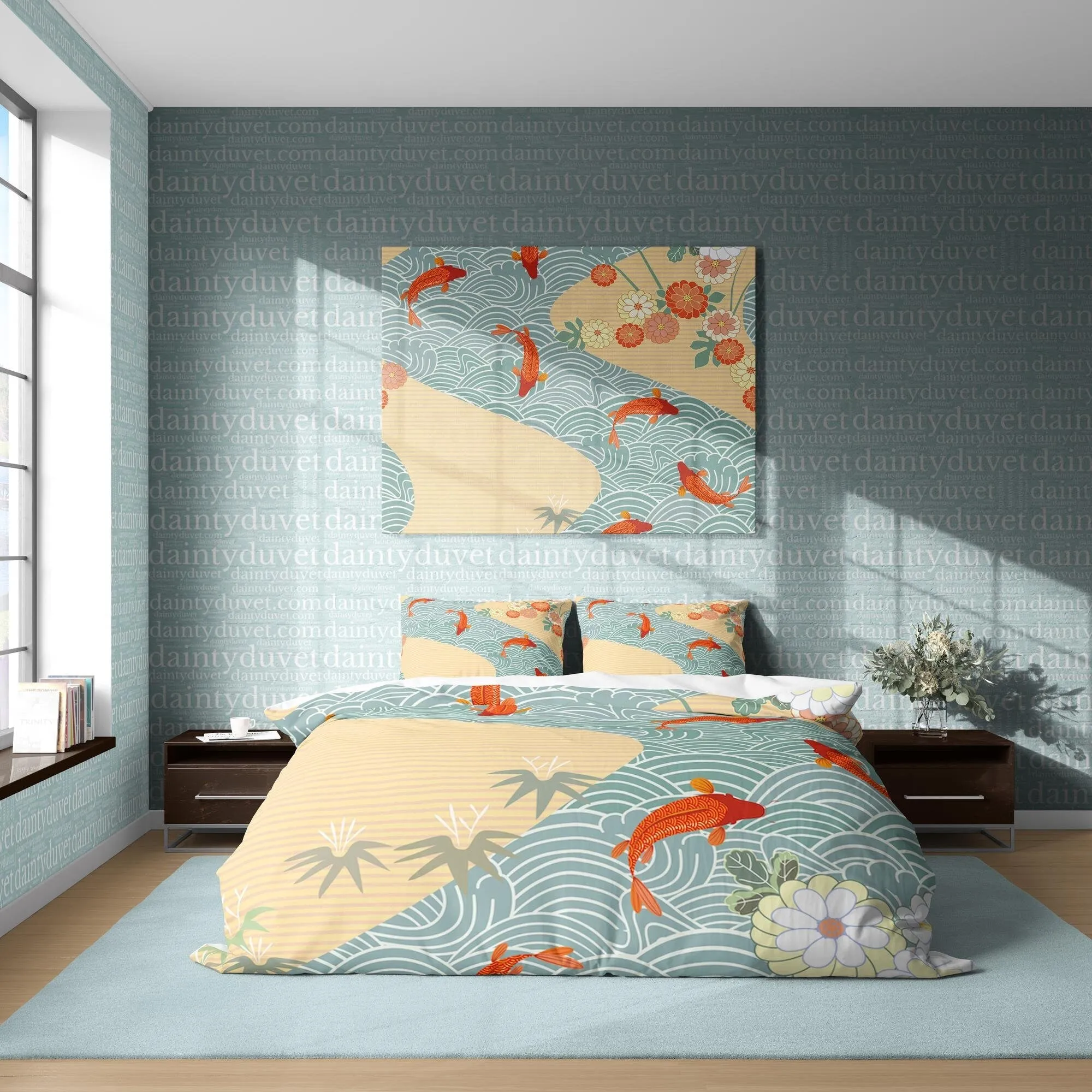 Koi Fish Duvet Cover Japanese Bedding Set, Oriental Pattern Quilt Cover Ocean Blanket Cover, Kids Bedroom Bed Cover Teens Room Decor