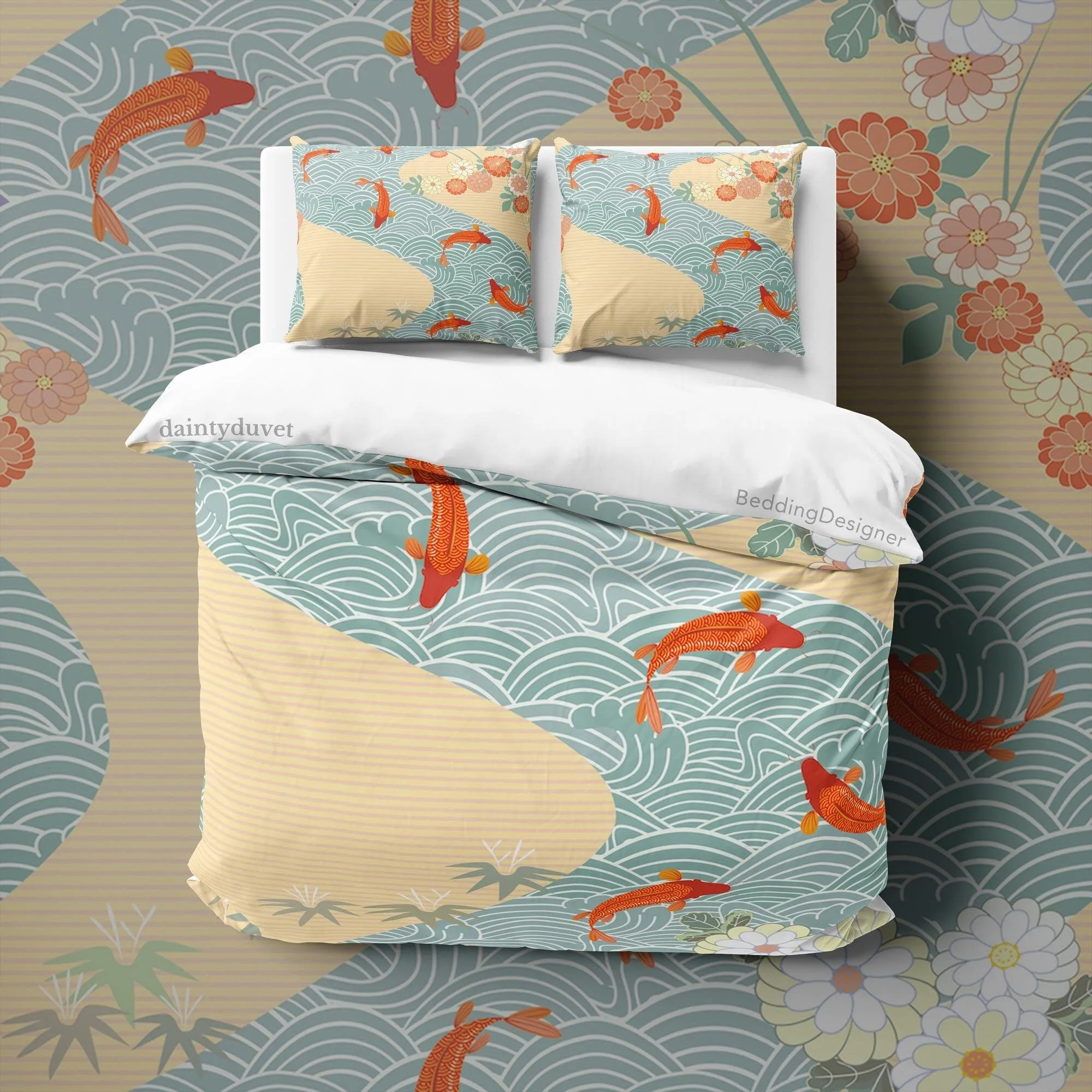 Koi Fish Duvet Cover Japanese Bedding Set, Oriental Pattern Quilt Cover Ocean Blanket Cover, Kids Bedroom Bed Cover Teens Room Decor