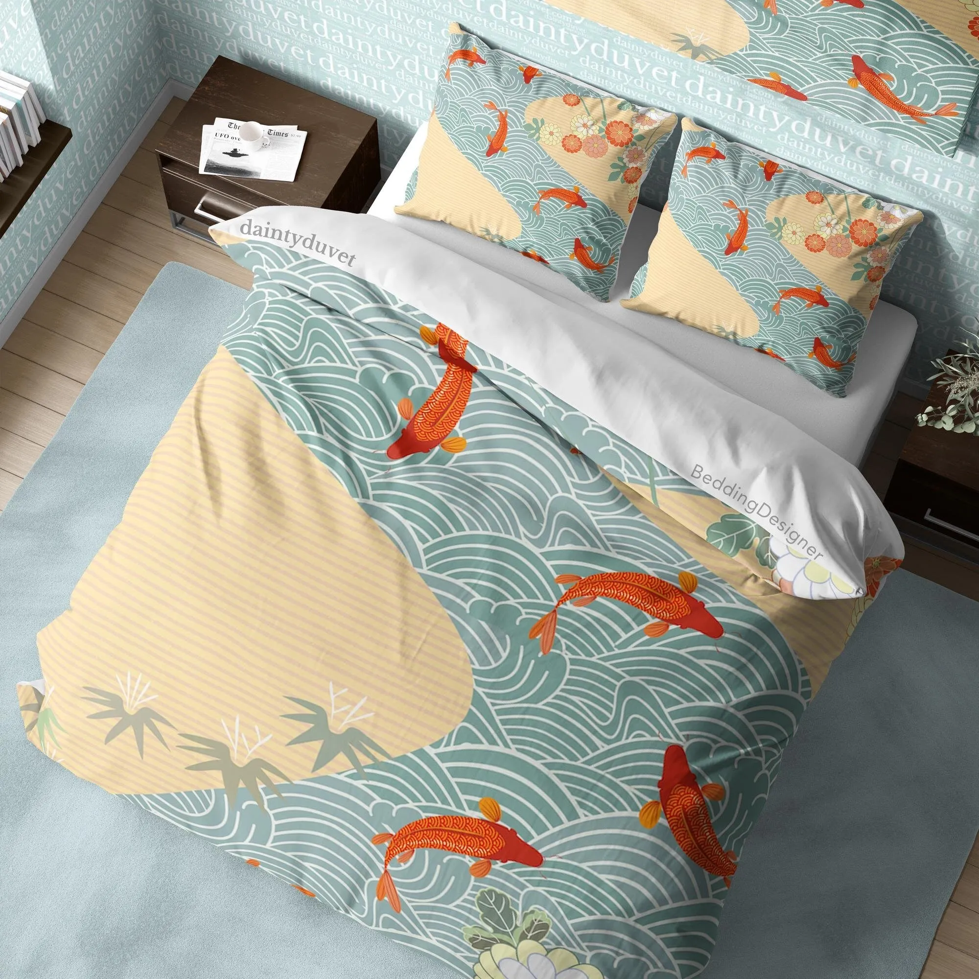 Koi Fish Duvet Cover Japanese Bedding Set, Oriental Pattern Quilt Cover Ocean Blanket Cover, Kids Bedroom Bed Cover Teens Room Decor