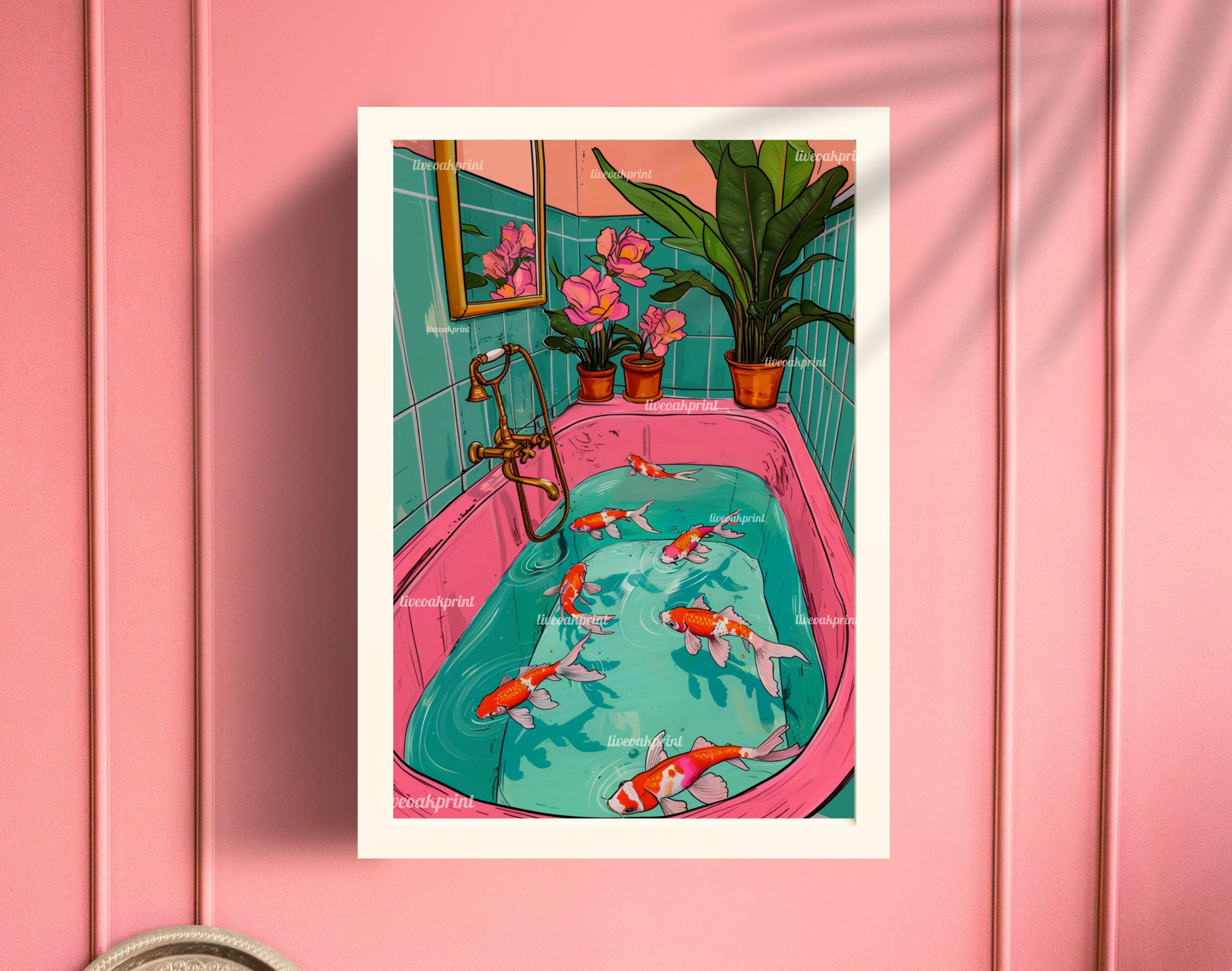 Koi Fish Swimming In A Retro Bathtub - Maximalist Bathroom Decor - Fish Bathroom Print - Maximalist Bathroom Print- Koi Wall Decor