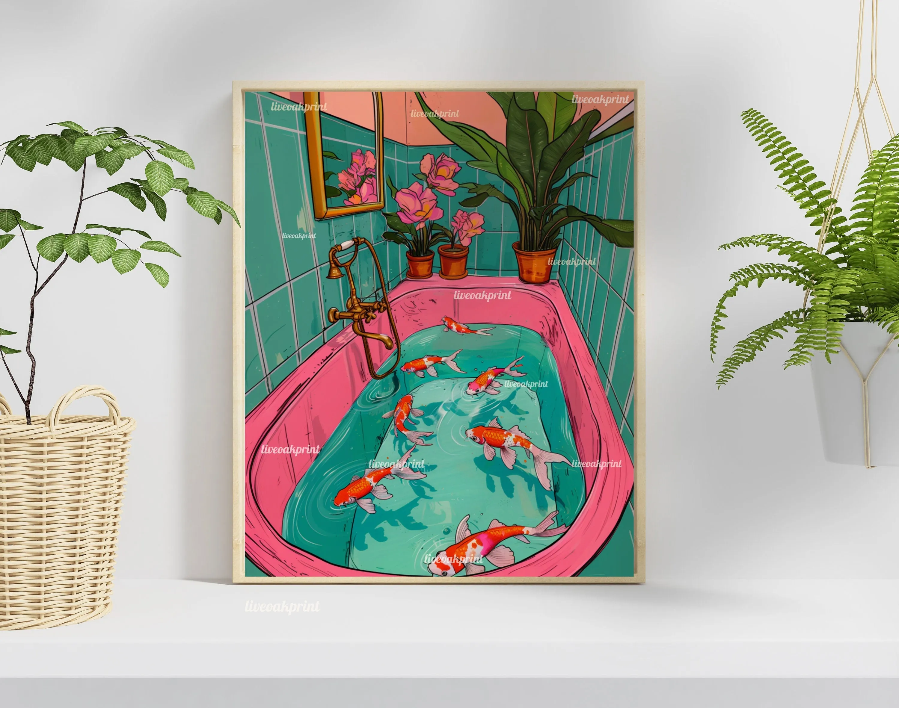 Koi Fish Swimming In A Retro Bathtub - Maximalist Bathroom Decor - Fish Bathroom Print - Maximalist Bathroom Print- Koi Wall Decor