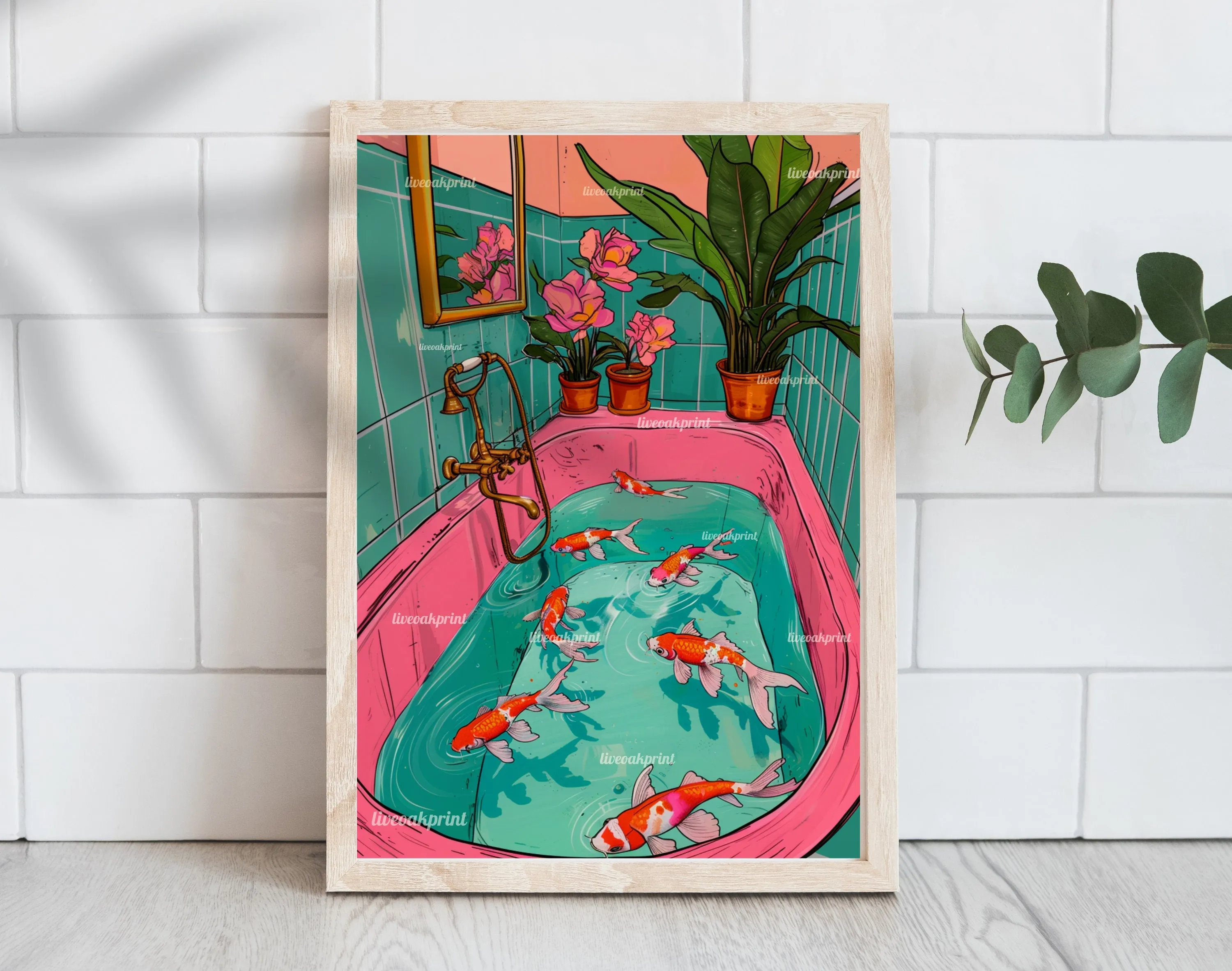 Koi Fish Swimming In A Retro Bathtub - Maximalist Bathroom Decor - Fish Bathroom Print - Maximalist Bathroom Print- Koi Wall Decor