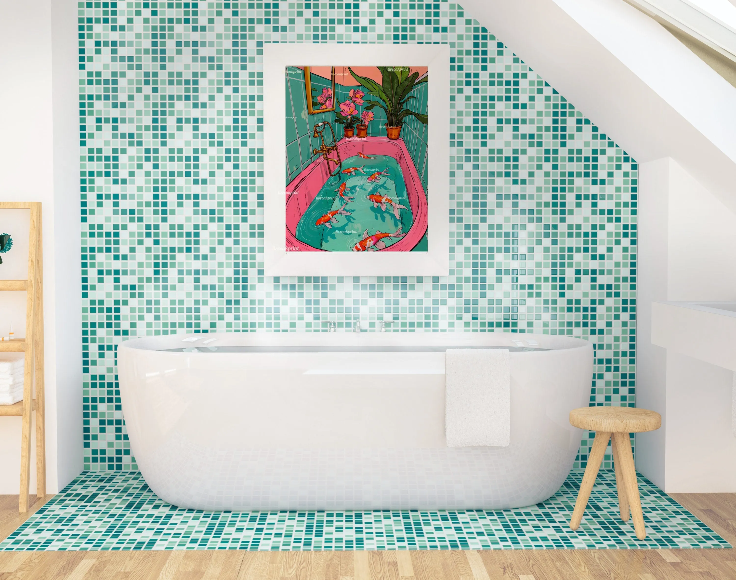 Koi Fish Swimming In A Retro Bathtub - Maximalist Bathroom Decor - Fish Bathroom Print - Maximalist Bathroom Print- Koi Wall Decor