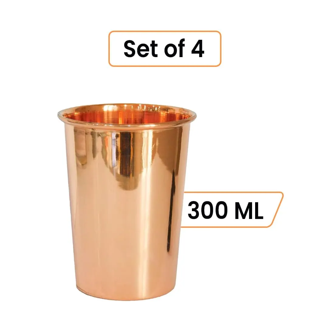 Kuber Industries 300 ml Pack of 4 Pure Copper Glass Cup for Water | Handcrafted Copper Water Tumbler | Peetal Drinking Water Glass | Serving Water Cup Set |Serving Water Glass for Yoga Or Ayurveda