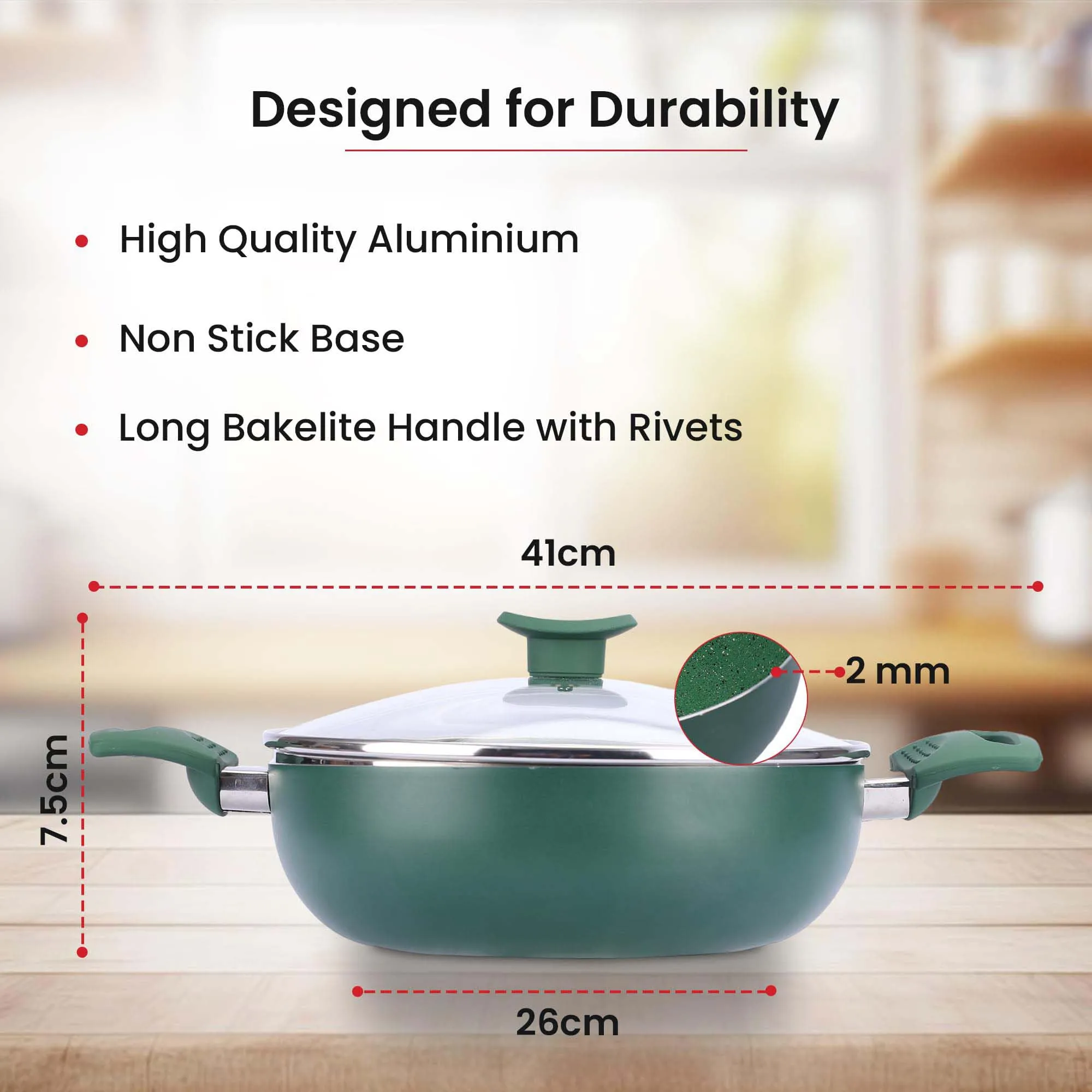 Kuber Industries 3.6L Aluminium Non-Stick Deep Base Kadai for Cooking with Riveted Bakelite Handle & Lid | Deep Fry Cookware Wok for Kitchen | Kadhai Induction Base for Cooking | Green