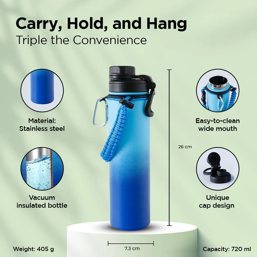 Kuber Industries Water Bottle | Steel Water Bottle for Daily Use | Vacuum Insulated Flask Water Bottle with Rope | Hot & Cold Water Bottle | 720 ML | LX-230604 | Pack of 6 | Aqua Blue