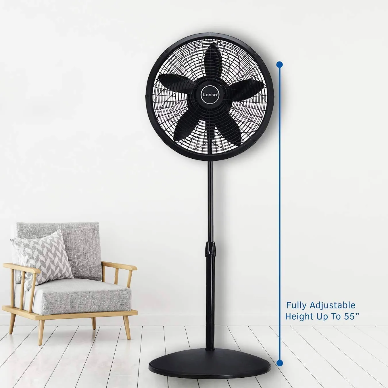 Lasko 18″ Elegance & Performance Adjustable Pedestal Fan, ideal for the bedroom, living room, or near your desk. Low, medium, and high speed make this fan well suited around the whole house. Black - 1827B