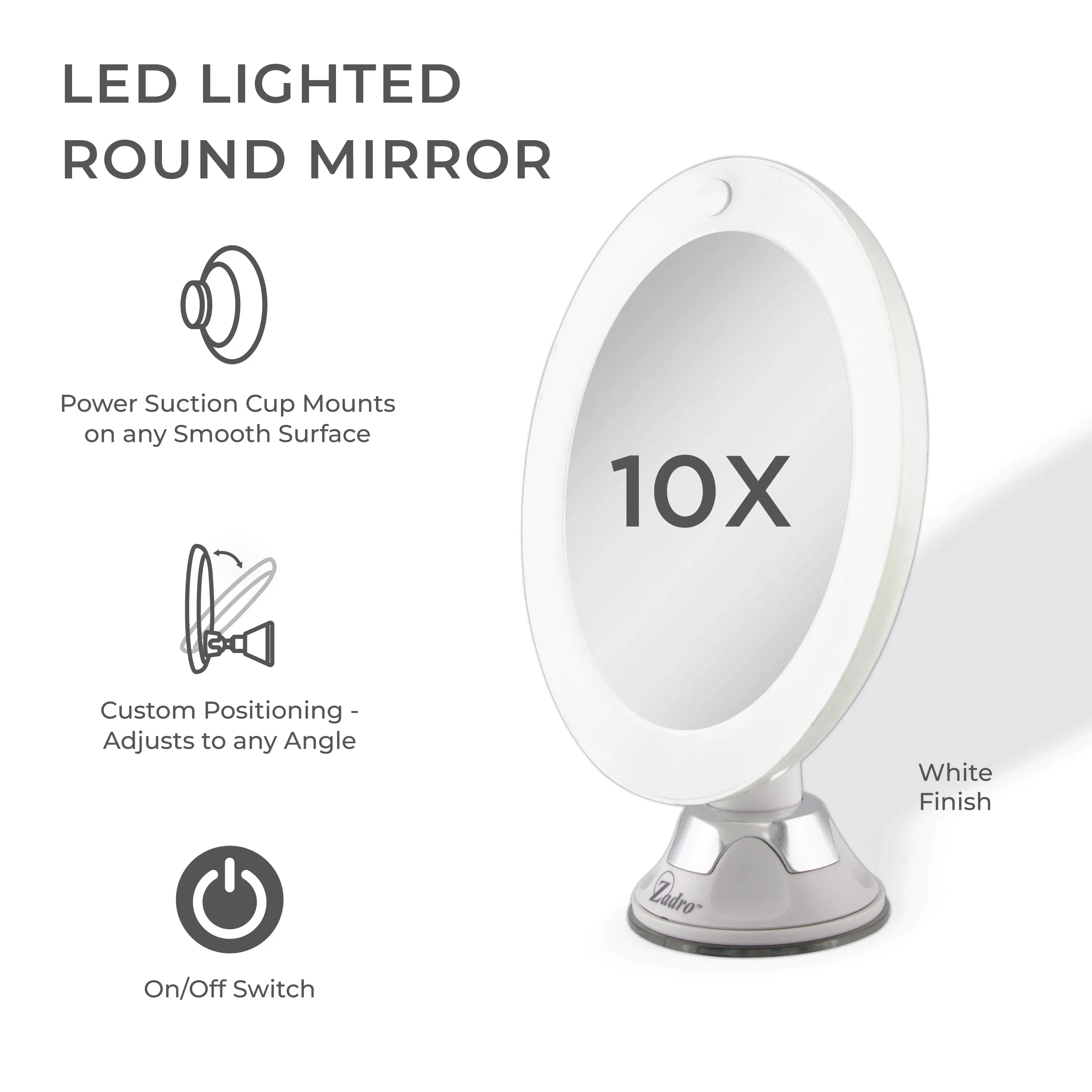 Lighted Z'Swivel Power Suction Cup Mirror 10X