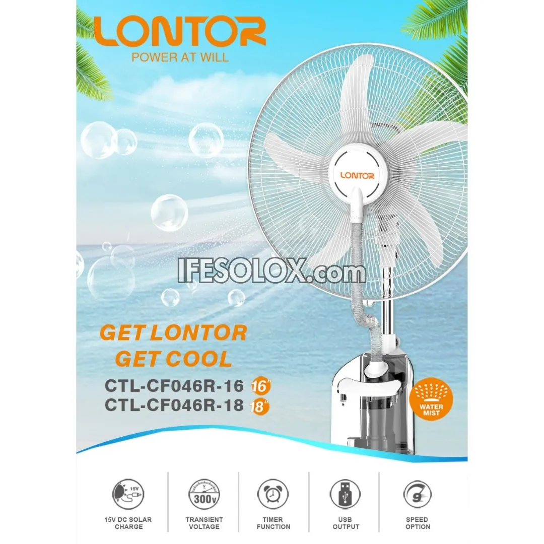 LONTOR 18" Rechargeable Solar Water Mist Standing Fan with 5-Blades and Remote (CTL-CF046R-18) - Brand New