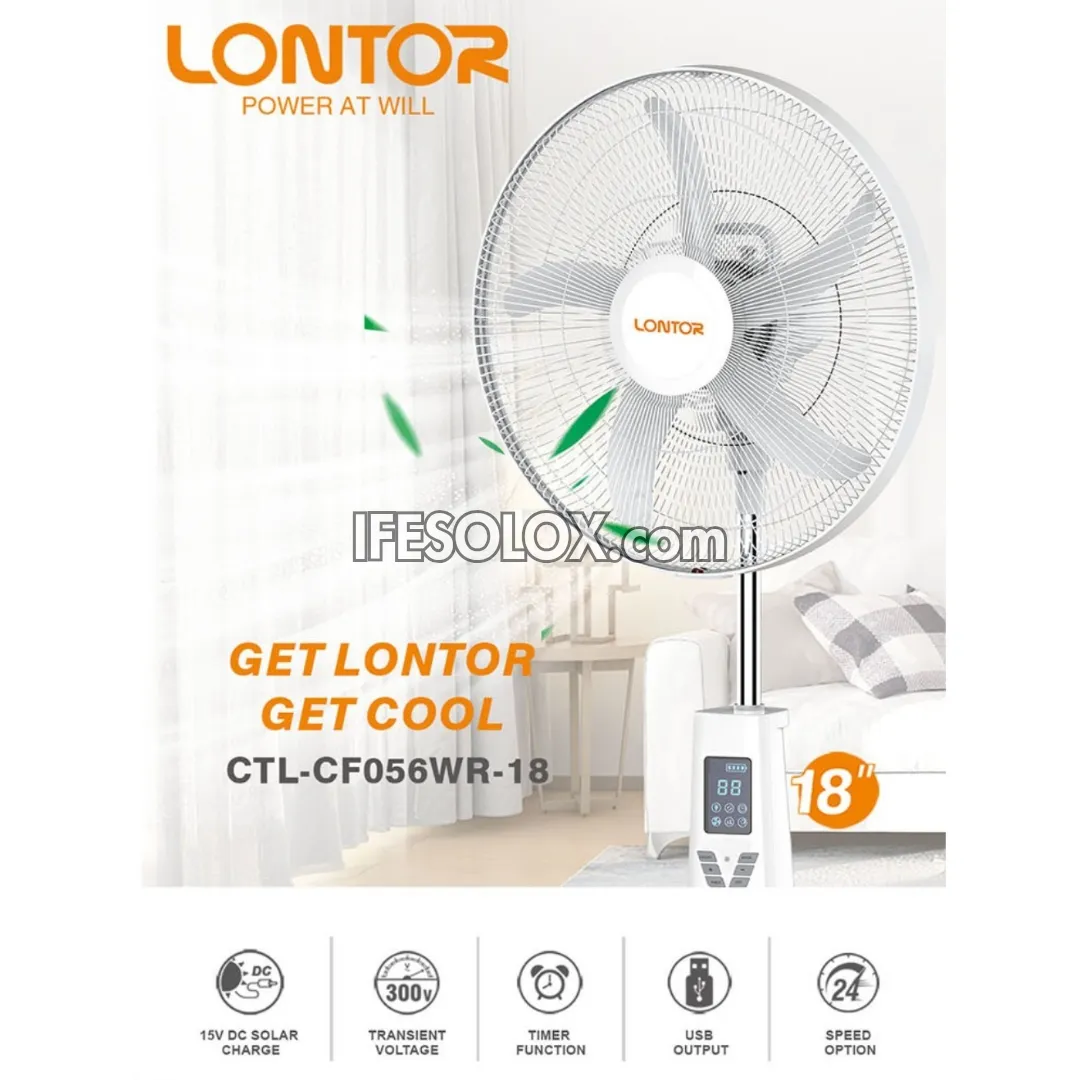 LONTOR 18" Rechargeable Standing Solar Fan with 5-Blades and Harmonious Night Light (CTL-CF056WR-18U) - Brand New