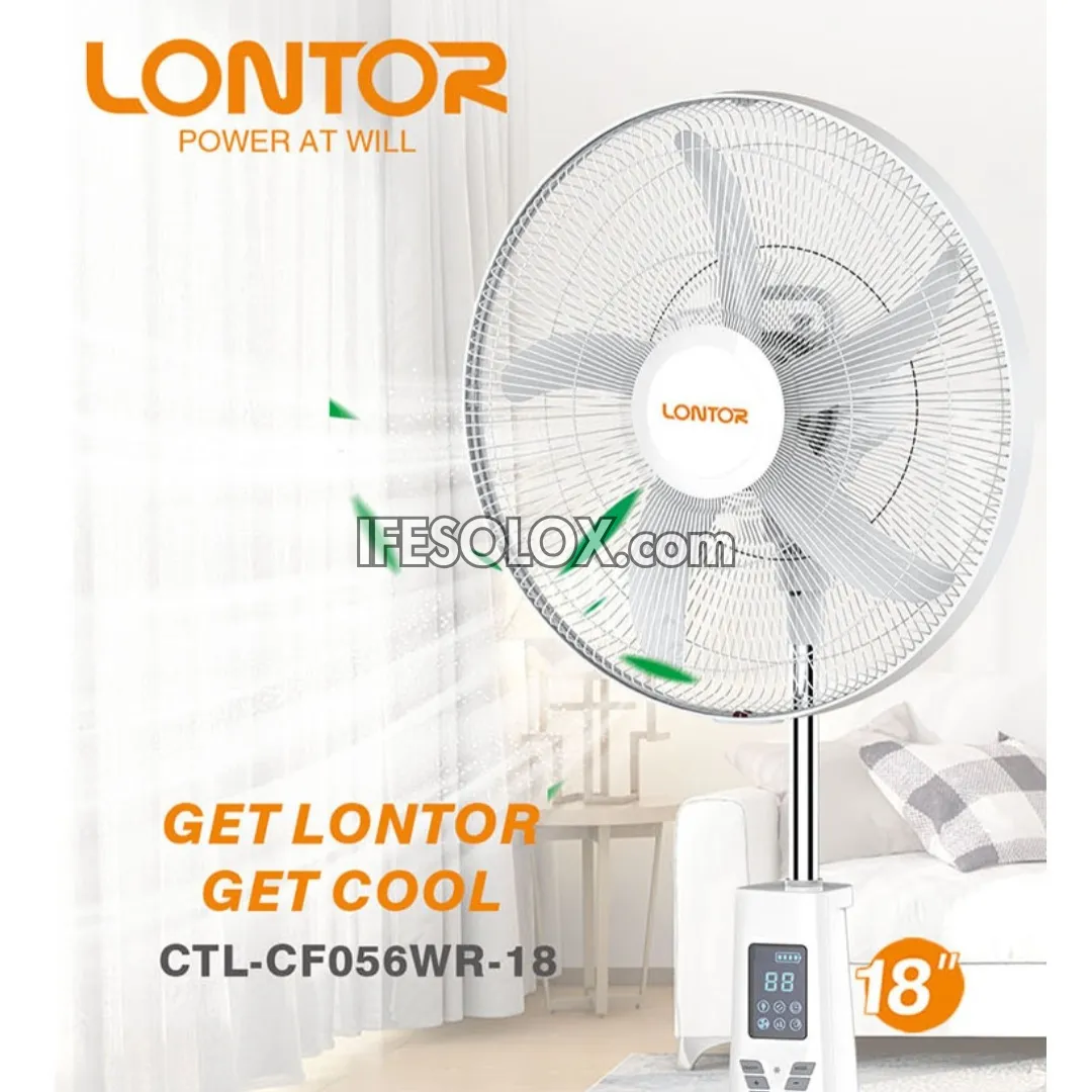 LONTOR 18" Rechargeable Standing Solar Fan with 5-Blades and Harmonious Night Light (CTL-CF056WR-18U) - Brand New