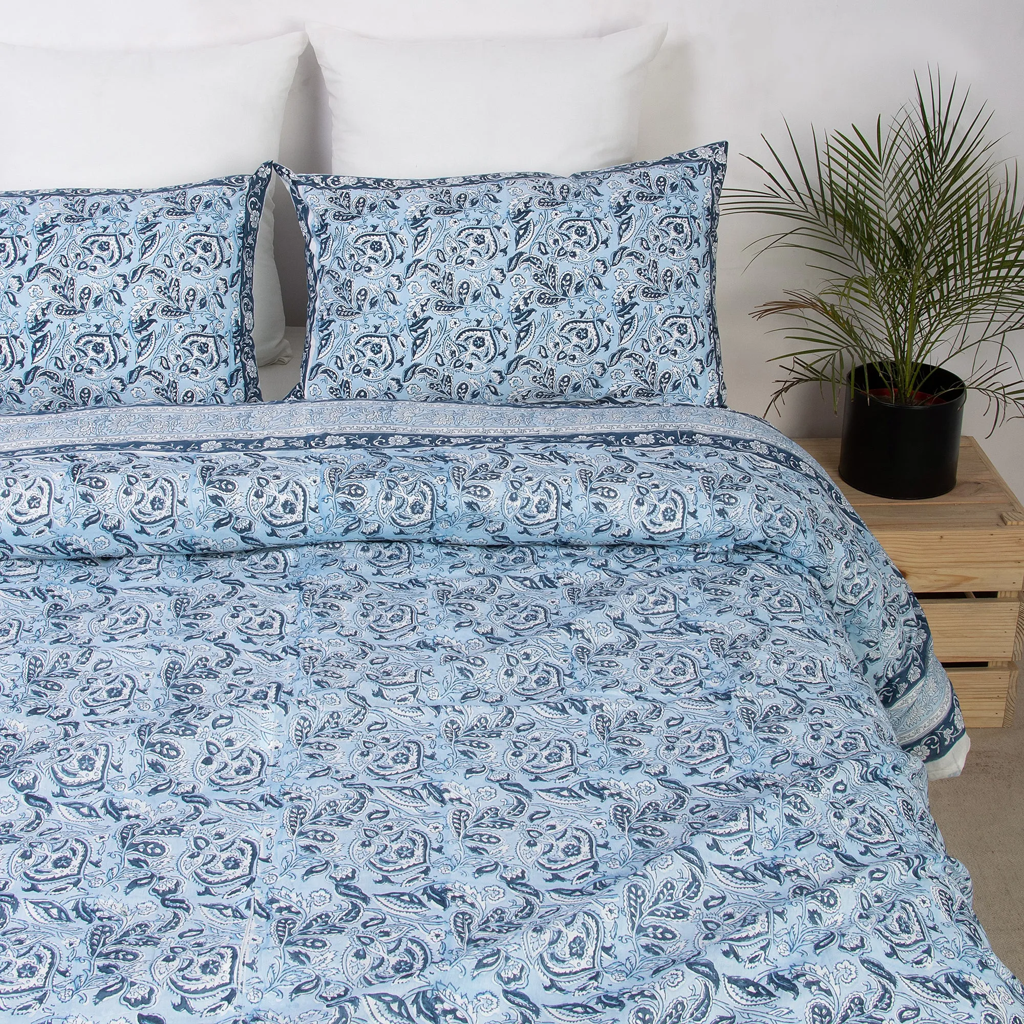 Luxury Blue Hand Block Floral Queen Size Duvet Cover With Shams