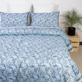 Luxury Blue Hand Block Floral Queen Size Duvet Cover With Shams