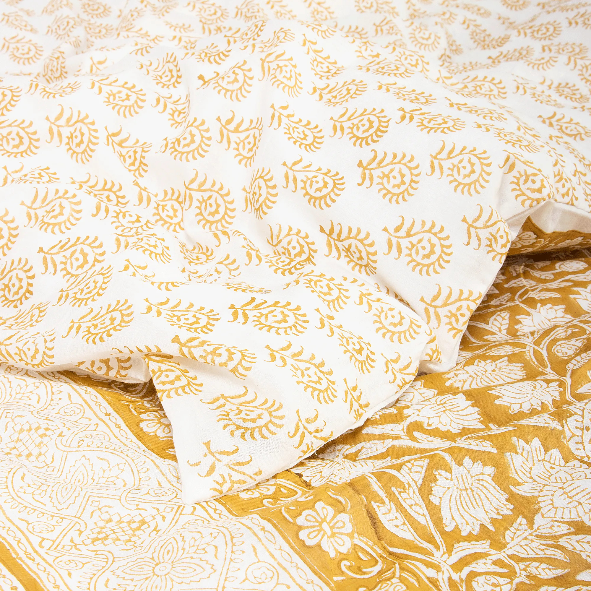 Luxury Yellow Hand Block Floral Print Cotton King Size Duvet With Shams