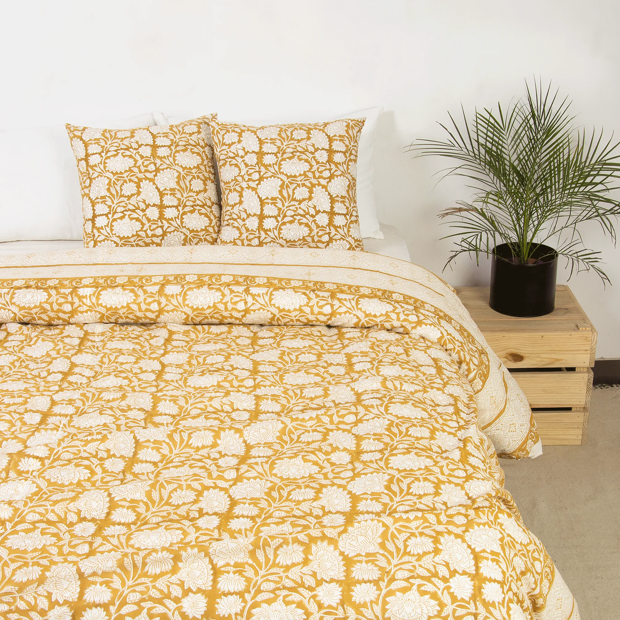 Luxury Yellow Hand Block Floral Print Cotton King Size Duvet With Shams