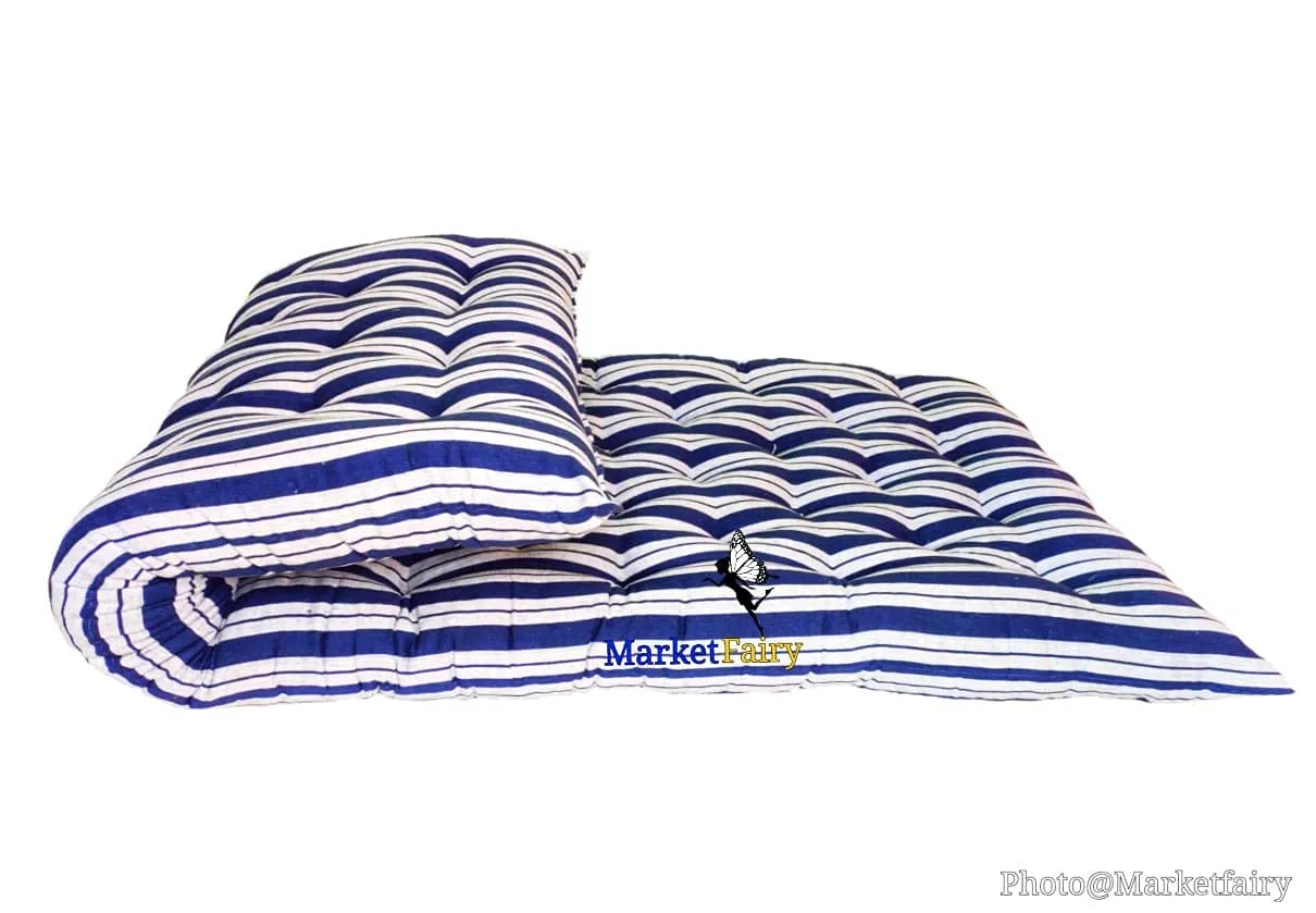 MarketFairy Cotton Filled Mattress/Gadda - 6 x 3 Feet or 72 x 36 x 4 Inches, Blue & White Striped Color Pattern