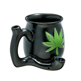 MATTE BLACK MUG W/ GREEN LEAF