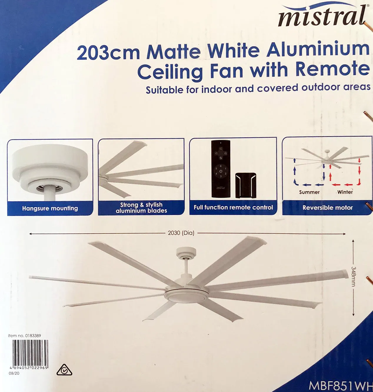 Mistral 203cm Matte White Aluminum Ceiling Fan With Remote