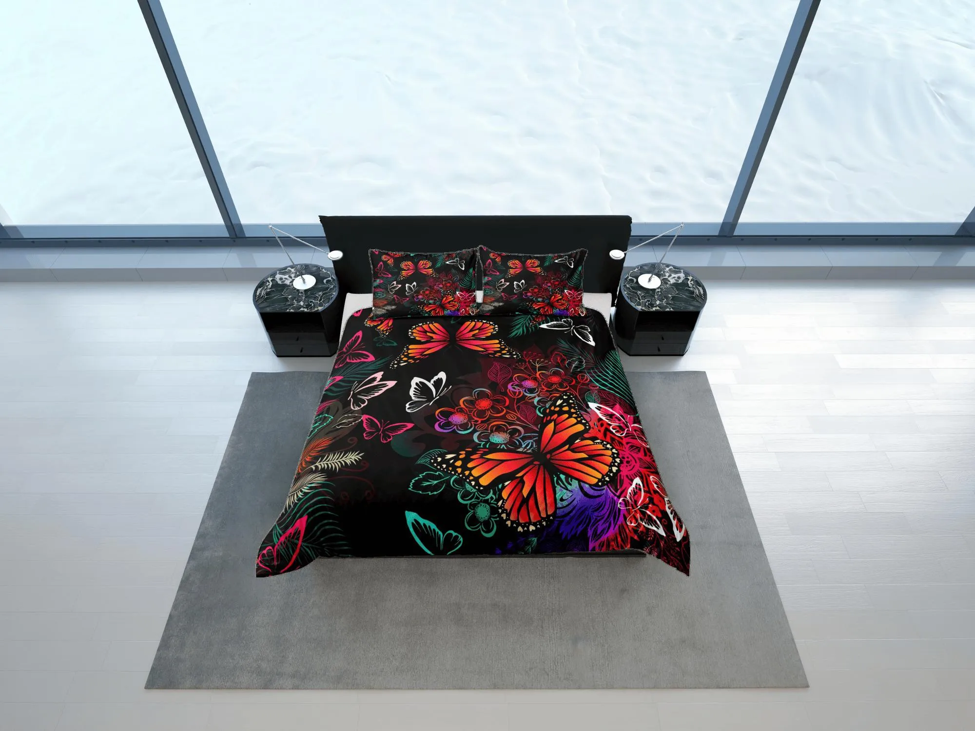 Monarch Butterfly Black Duvet Cover Set Colorful Bedspread, Dorm Bedding Pillowcase