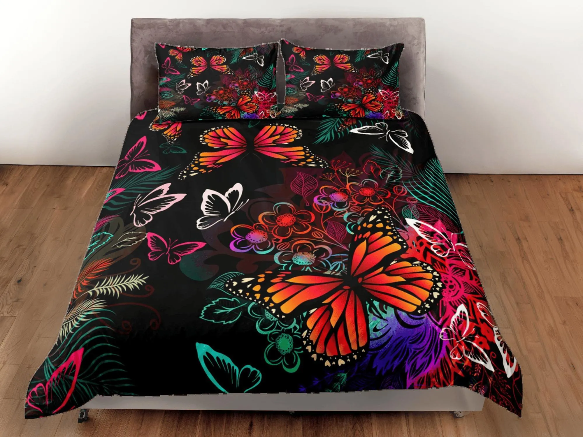 Monarch Butterfly Black Duvet Cover Set Colorful Bedspread, Dorm Bedding Pillowcase