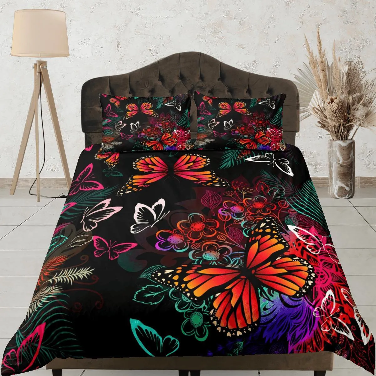 Monarch Butterfly Black Duvet Cover Set Colorful Bedspread, Dorm Bedding Pillowcase