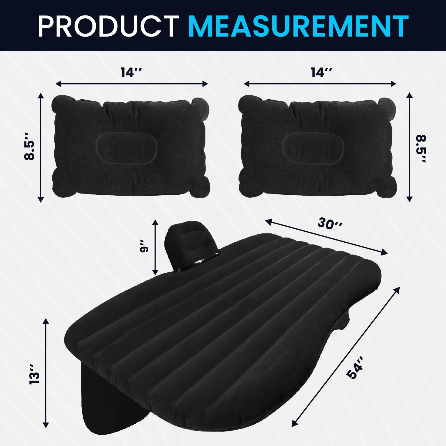 Multifunctional Inflatable Car Bed Mattress with Two Air Pillows, Air Pump and Repair Kit - Universal Use Back Seat Travel Solution - Trips, Camping, Picnic, Pool & Beach | Black Color