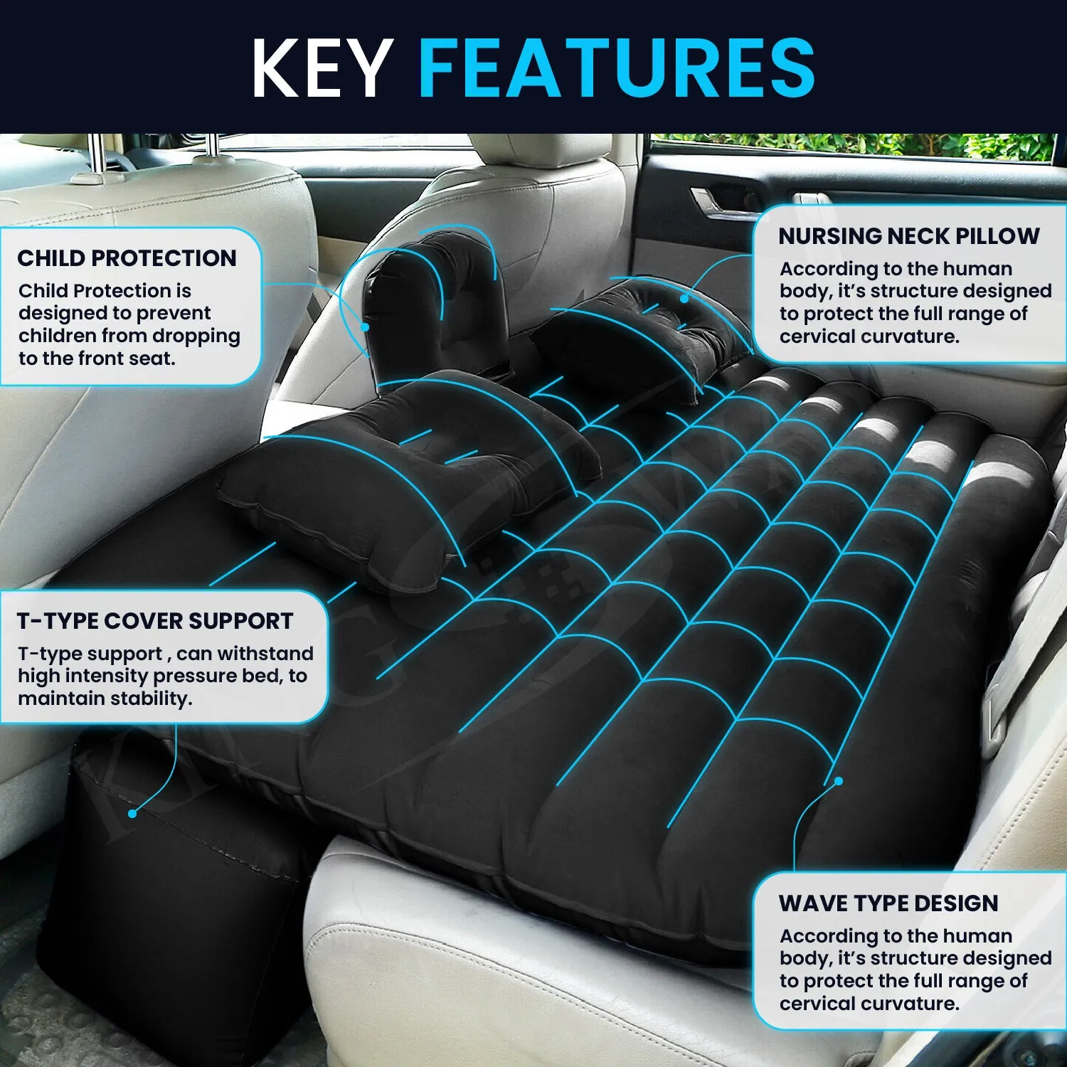 Multifunctional Inflatable Car Bed Mattress with Two Air Pillows, Air Pump and Repair Kit - Universal Use Back Seat Travel Solution - Trips, Camping, Picnic, Pool & Beach | Black Color