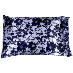 Navy Blue and Silver Flowers Print Satin Pillowcase