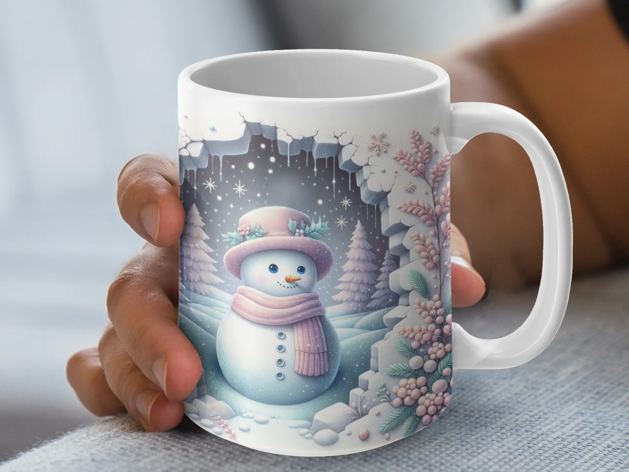 Pastel Hole in Wall Snowman Coffee Mug, Snow Mug, Snowman Mug, Winter Mug, Christmas Gift for Her, Cute Coffee Mug