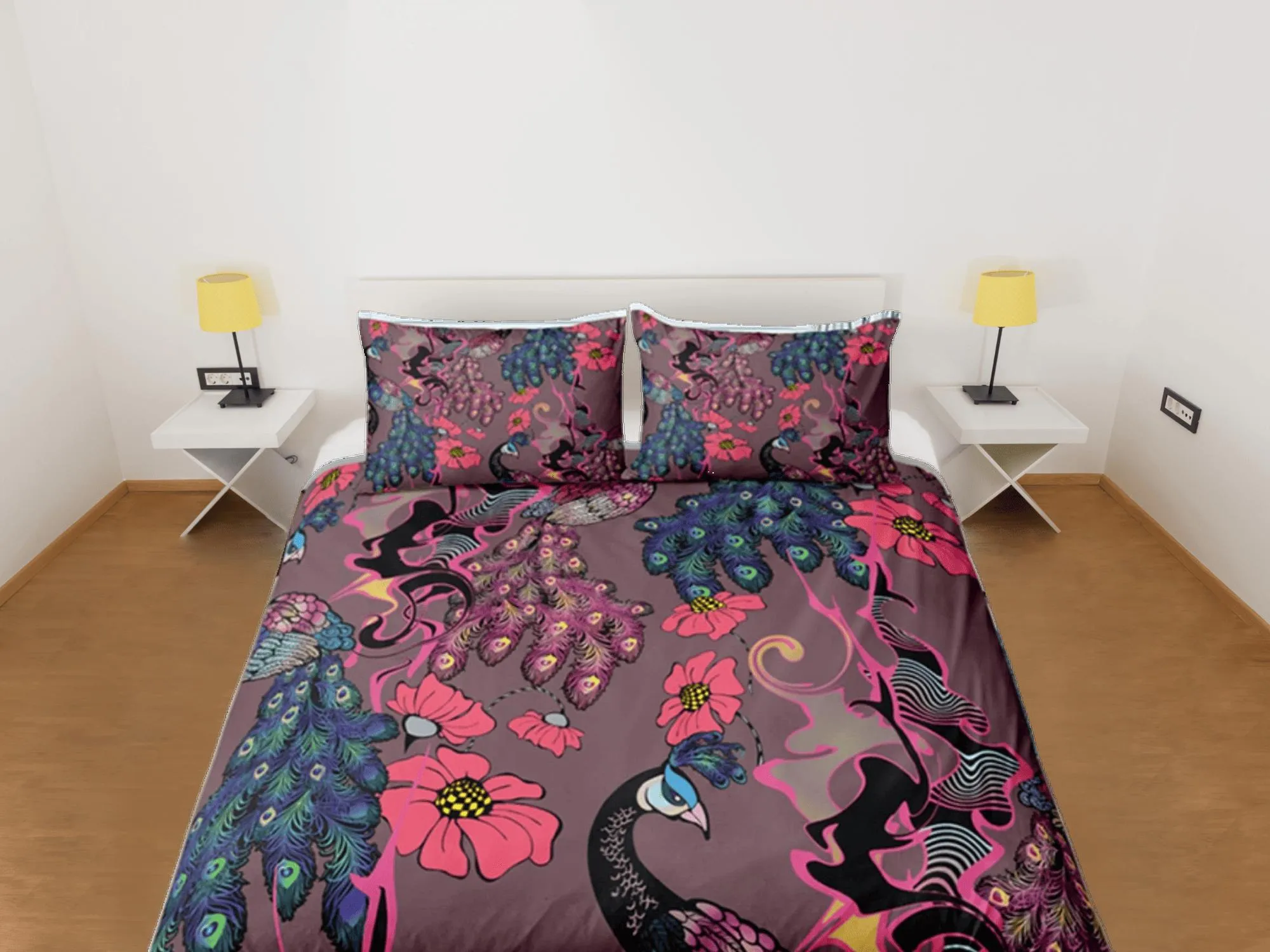 Peacock Floral Duvet Cover Violet Bedspread, Dorm Bedding Set Double