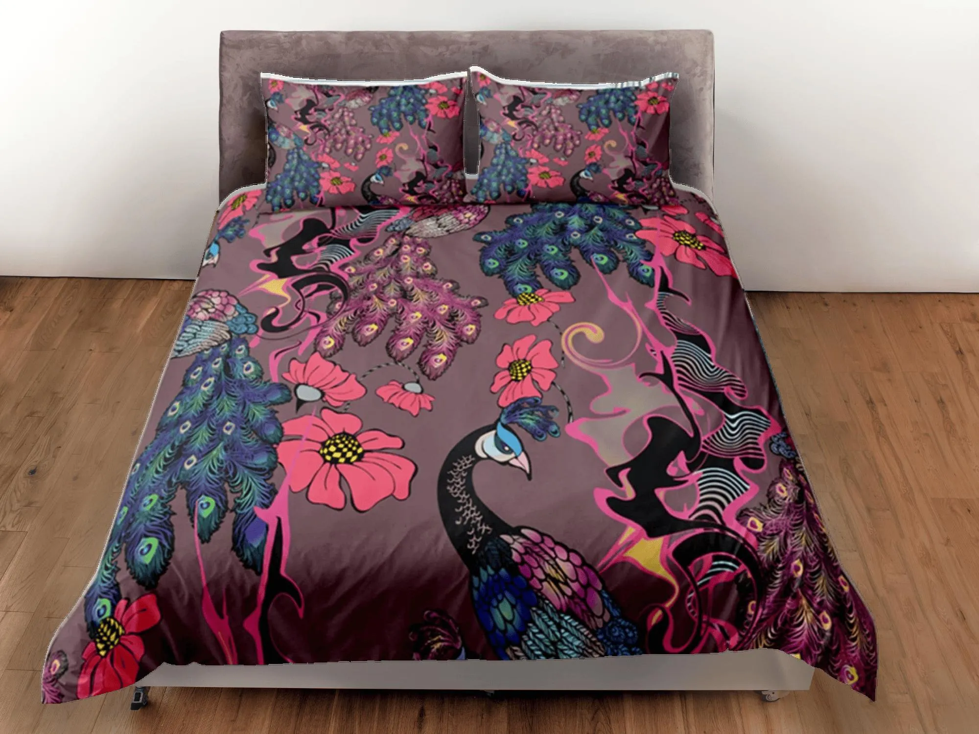 Peacock Floral Duvet Cover Violet Bedspread, Dorm Bedding Set Double