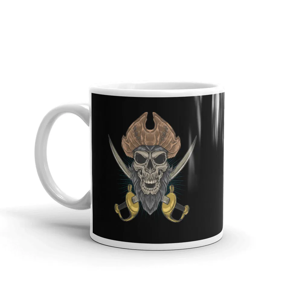 Pirate skull in front of crossed sabers White glossy mug