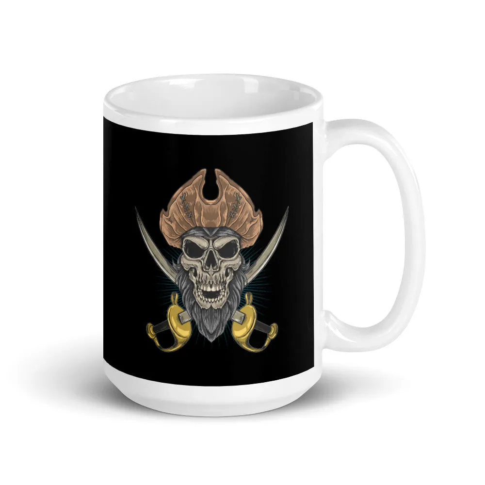 Pirate skull in front of crossed sabers White glossy mug