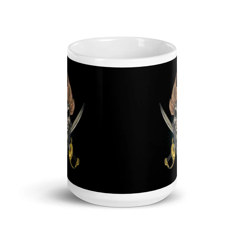 Pirate skull in front of crossed sabers White glossy mug