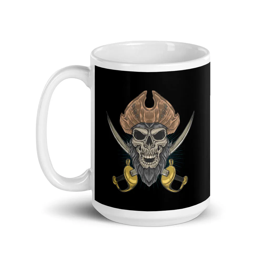 Pirate skull in front of crossed sabers White glossy mug