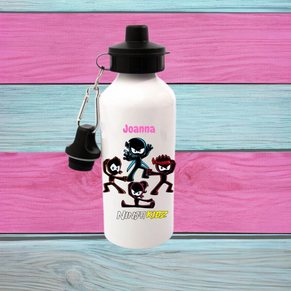 Printed 600ml Ninja Kidz Aluminium Water Bottle, Any Name, Available In White Or Silver