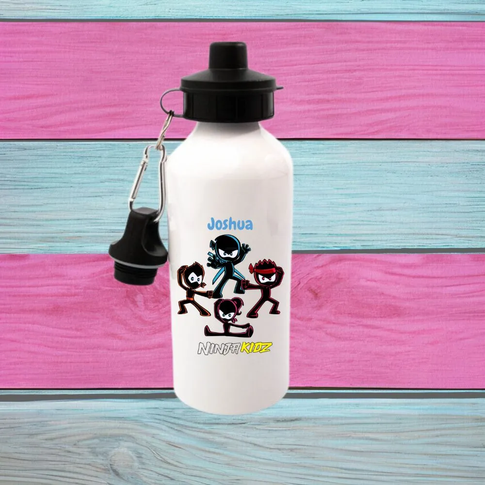 Printed 600ml Ninja Kidz Aluminium Water Bottle, Any Name, Available In White Or Silver