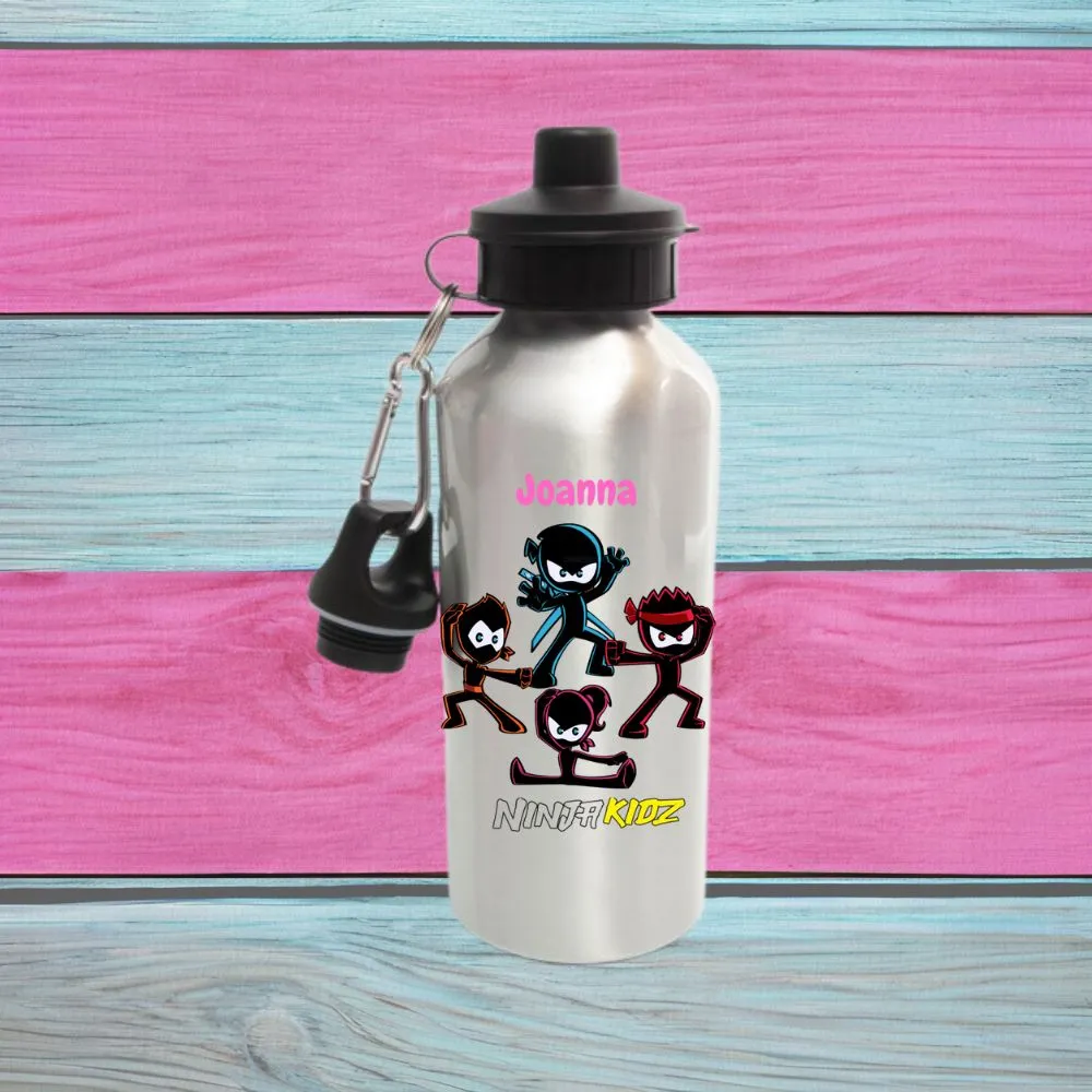 Printed 600ml Ninja Kidz Aluminium Water Bottle, Any Name, Available In White Or Silver