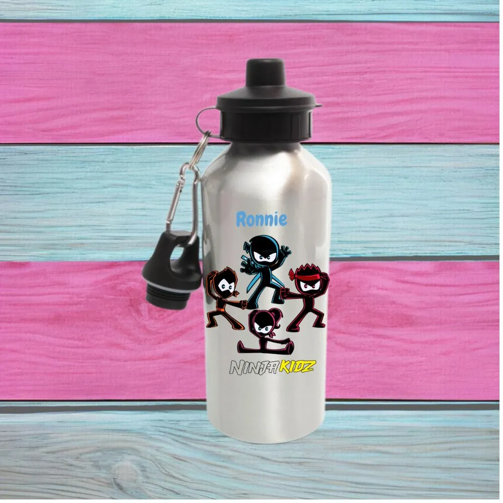 Printed 600ml Ninja Kidz Aluminium Water Bottle, Any Name, Available In White Or Silver