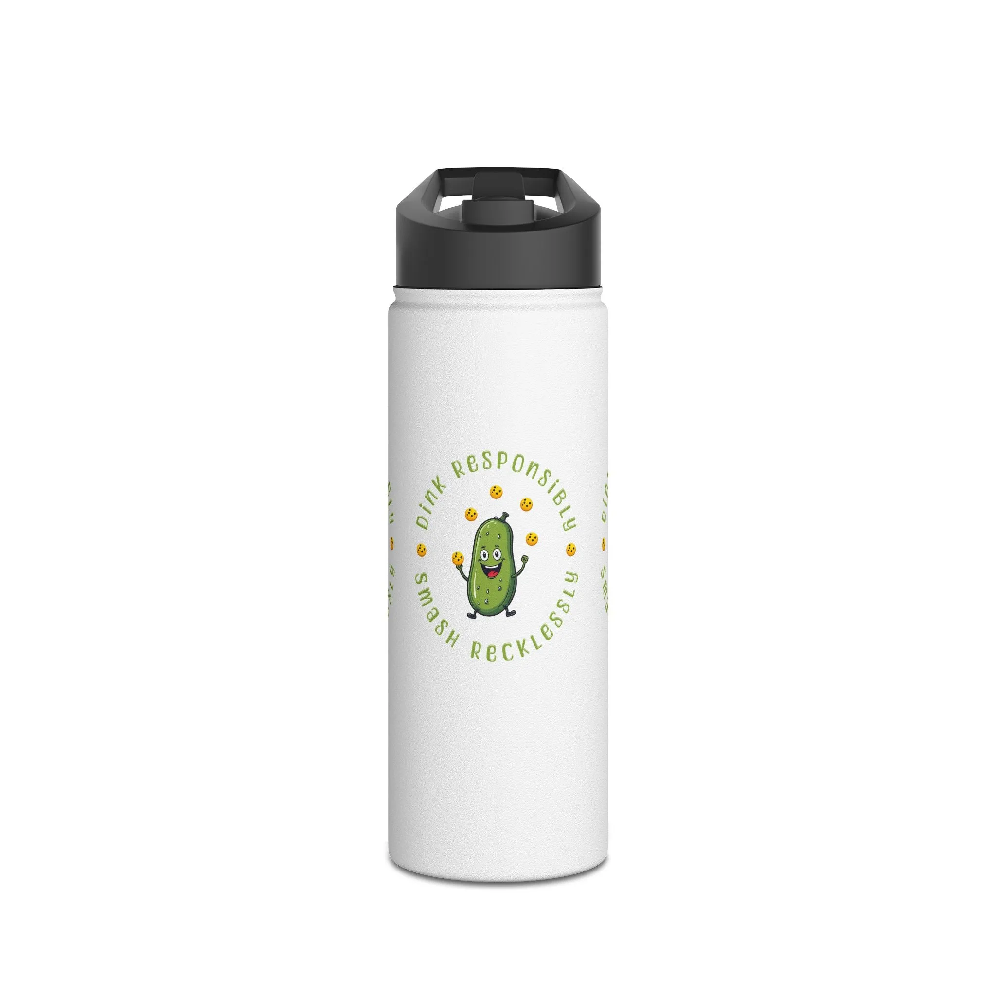 "Stainless Steel Water Bottle – Standard Lid ‘Dink Responsibly, Smash Relentlessly’ Happy Pickle Juggling Pickleballs Design"